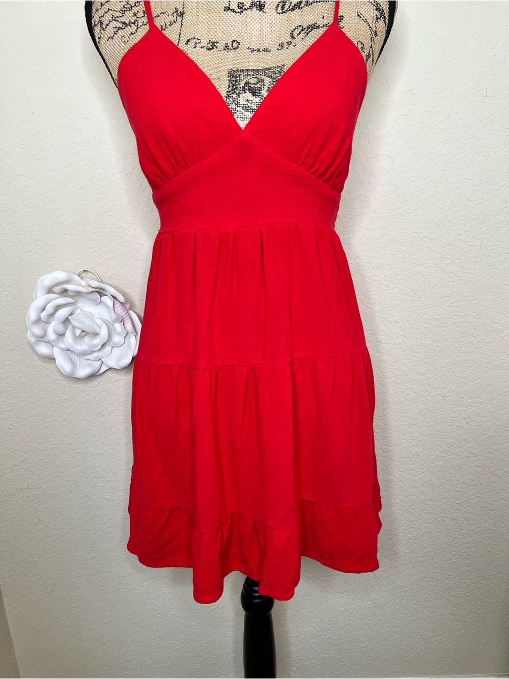 NTM: Morceau Los Angeles Red Linen Blend Tiered Mini Dress Smocked Back M - Picture 5 of 16